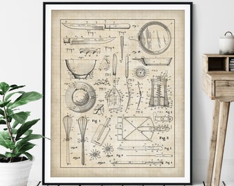 Cooking Collage Print - Customizable Blueprint, Gift for Her Him, Kitchen Art, Patent Poster Chart, Wall Art Decor, Chef Gifts Women Men