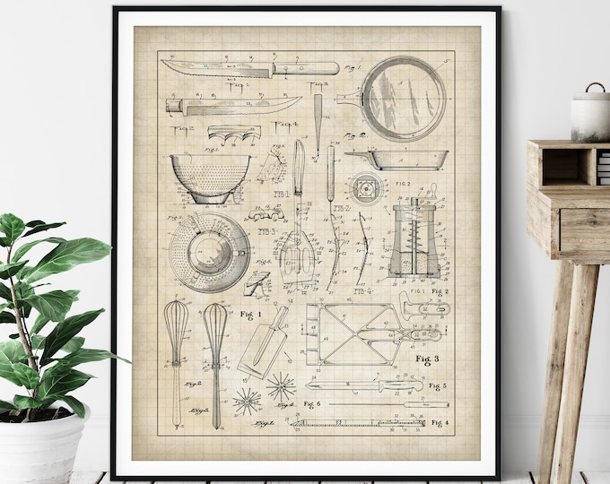 Cooking Equipment Patent Print: Customizable Kitchen Collage Blueprint Art