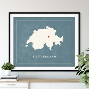 Custom Switzerland Map Art - Heart Over ANY City, Customized Country Map Silhouette, Personalized Gift, Hometown Love Print Travel Heart Map