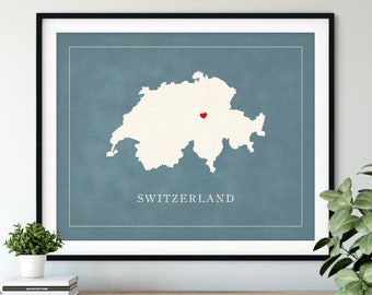 Custom Switzerland Map Art - Heart Over ANY City, Customized Country Map Silhouette, Personalized Gift, Hometown Love Print Travel Heart Map