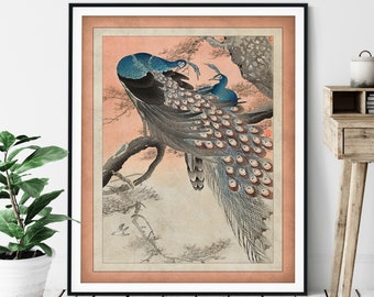 Vintage Japanese Peacock Print, Ohara Koson, Antique Japanese Art, Pink Wall Art, Japanese Print, Bird Print, Living Room Art, Peacock Decor
