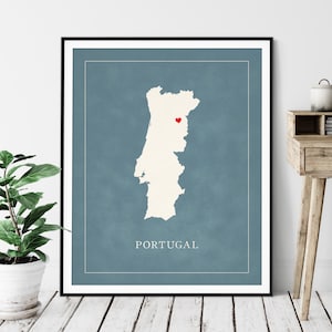Custom Portugal Map Art - Heart Over ANY City - Custom Country Map Silhouette, Cadeau personnalisé, Hometown Love Print, Travel Heart Map