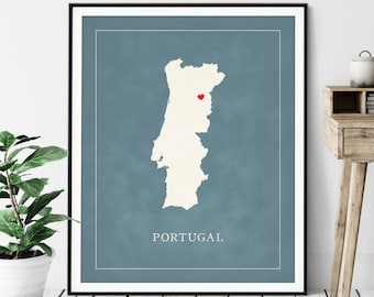 Custom Portugal Map Art - Heart Over ANY City - Customized Country Map Silhouette, Personalized Gift, Hometown Love Print, Travel Heart Map