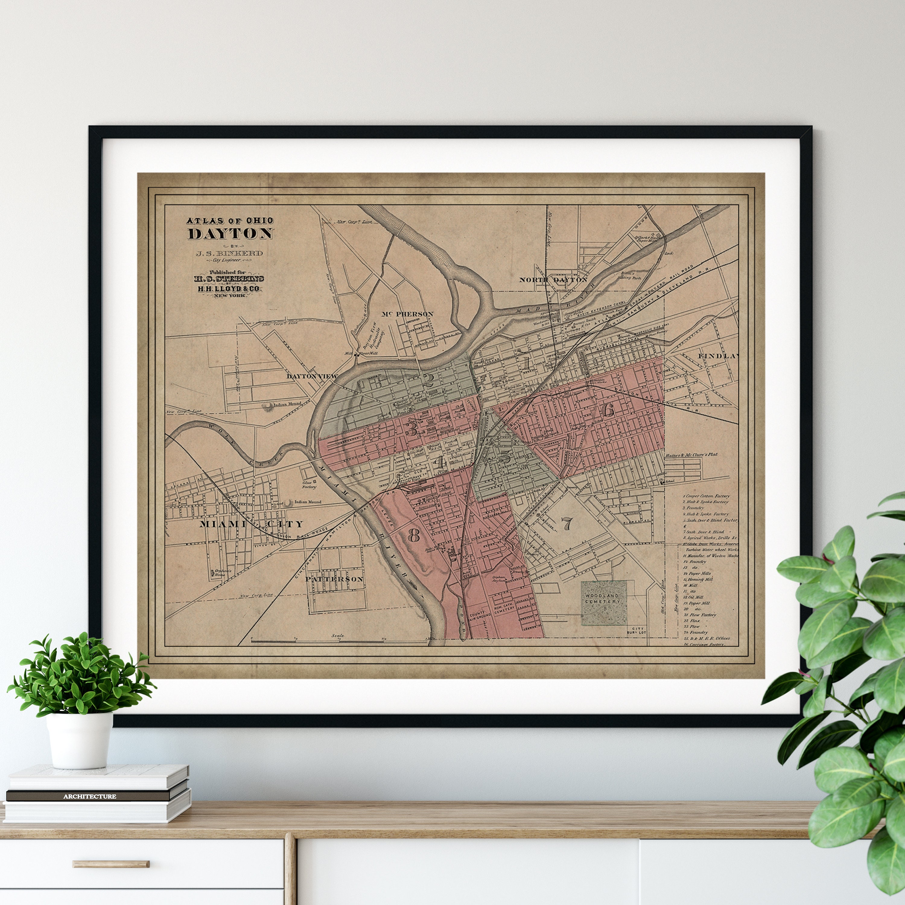 1868 Dayton Ohio Map Print Vintage Map Art Antique Dayton picture pic