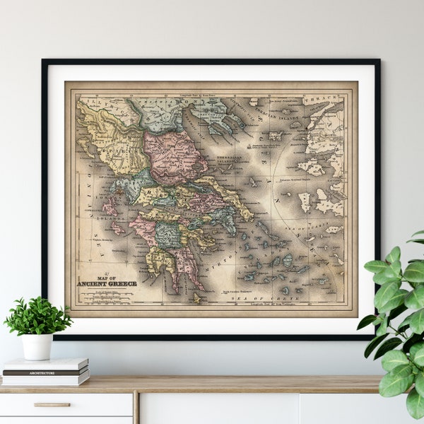 1865 Ancient Greece Map Print, Vintage Greek Map Art, Antique Map, Old Map, Greece Print, Greece Art, Macedonia, Peloponnesus, Attica Hellas