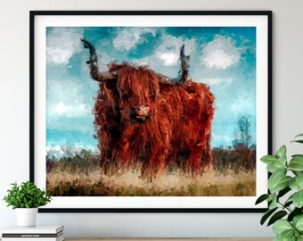 Highland Cow Print, Highland Cow Art, Oil Painting Print, Highland Cow Wall Art, Close Up Animal Portrait, Highland Cow Poster, Wall Decor