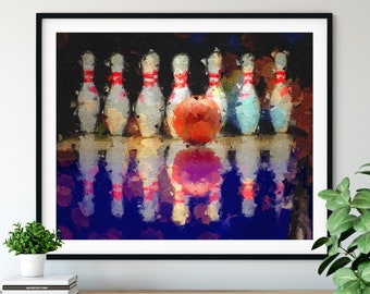 Bowling Print - "At the Lanes" - Bowler Gift, Oil Painting Poster, Bowling Pins Wall Decor, Bowling Ball Artwork, Game Room Wall Art