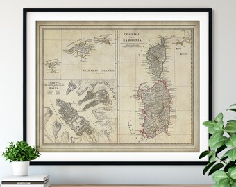 1831 Corsica Map Print -Vintage Sardinia Map Art, Antique Map, Old Map Poster, Italy Wall Art, History Buff, Balearic Islands, Valetta Malta