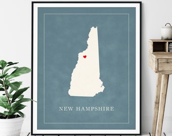 Custom New Hampshire Map Art, Heart Over ANY City, Customized State Map Silhouette, Personalized Gift, Hometown Love Print, Travel Heart Map