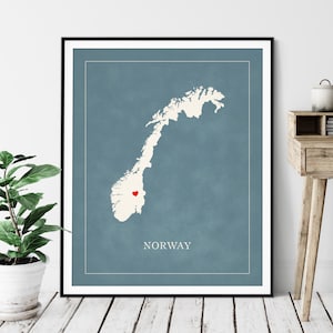 Art de carte de Norvège personnalisé - coeur sur n'importe quelle ville - Silhouette de carte de pays personnalisée, cadeau personnalisé, impression d'amour de ville natale, carte de coeur de voyage