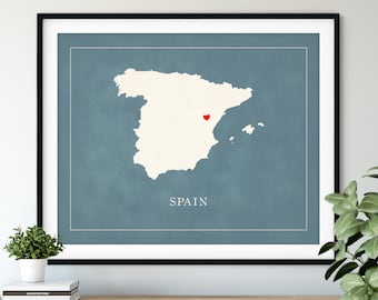 Custom Spain Map Art - Heart Over ANY City - Customized Country Map Silhouette, Personalized Gift, Hometown Love Print, Travel Heart Map