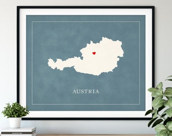 Custom Austria Map Art - Heart Over ANY City - Customized Country Map Silhouette, Personalized Gift, Hometown Love Print, Travel Heart Map