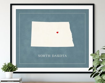 Custom North Dakota Map Art, Heart Over ANY City, Customized State Map Silhouette, Personalized Gift, Hometown Love Print Travel Heart Map