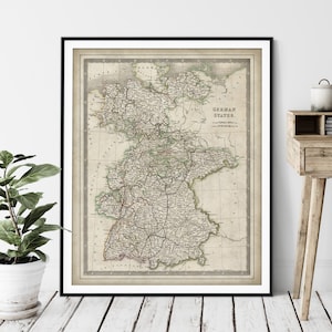 Impression de carte des États allemands de 1844 - art de la carte vintage, carte ancienne, affiche de carte ancienne, art mural Munich Allemagne, cadeau allemand, Bavière, Wurtemberg