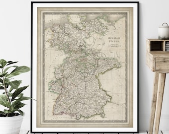 1844 German States Map Print - Vintage Map Art, Antique Map, Old Map Poster, Munich Germany Wall Art, German Gift, Bavaria, Wurttemberg