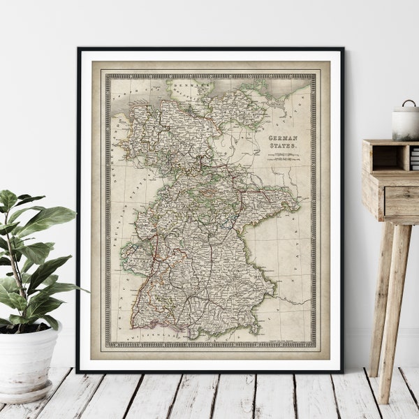 1844 German States Map Print - Vintage Map Art, Antique Map, Old Map Poster, Munich Germany Wall Art, German Gift, Bavaria, Wurttemberg