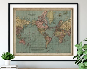 1912 World Map Print, Vintage Map Art, Antique Map, Old Map, Globe Map Wall Art, Ocean Currents Map, Nautical Map, Cartography Gift, Atlas