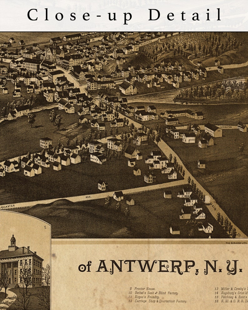 1888 Antwerp New York Birds Eye View Print Vintage Map Art Etsy