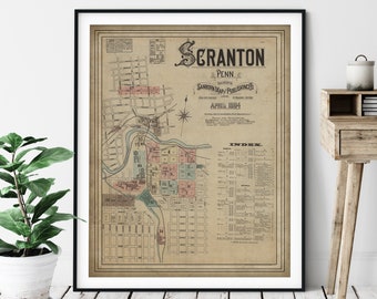 1884 Scranton Pennsylvania Map Print, Vintage Scranton Map Art, Antique Map, Scranton Art, Old Map Gift, Living Room Art, Scranton Print