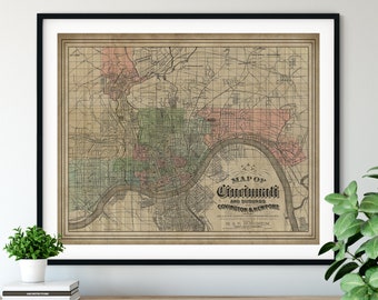 1880 Cincinnati Ohio Map Print, Vintage Map Art, Antique Cincinnati Map, Old Map, Cincinnati Art, Cincinnati Print, Neighborhood Map, Gift