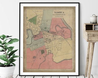 1877 Nashua New Hampshire Map Print, Vintage Map Art, Antique Nashua NH Map, Old Maps, Living Room Art, New Hampshire Print, History Gift