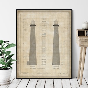 Cape Lookout Lighthouse Elevation Print - Outer Banks Lighthouse Art, Architectural Drawing, Nautical Wall Decor, Coastal Print, NC Gifts