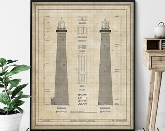 Cape Lookout Lighthouse Elevation Print - Outer Banks Lighthouse Art, Architectural Drawing, Nautical Wall Decor, Coastal Print, NC Gifts