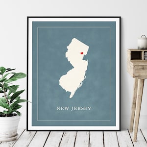 Art personnalisé de carte du New Jersey - coeur au-dessus de n'importe quelle ville - silhouette de carte d'état personnalisée, cadeau personnalisé, impression d'amour de ville natale, carte de coeur de voyage