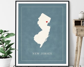 Custom New Jersey Map Art - Heart Over ANY City - Customized State Map Silhouette, Personalized Gift, Hometown Love Print, Travel Heart Map