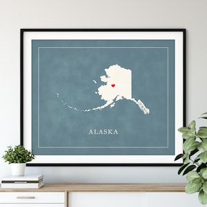 Custom Alaska Map Art - Heart Over ANY City - Customized State Map Silhouette, Personalized Gift, Hometown Love Print, Travel Heart Map
