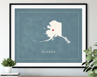 Custom Alaska Map Art - Heart Over ANY City - Customized State Map Silhouette, Personalized Gift, Hometown Love Print, Travel Heart Map