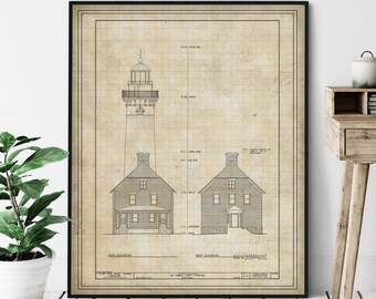 Au Sable Light Station Elevation Print - Lighthouse Art, Pictured Rocks National Lakeshore, Coastal Architectural Drawing, Nautical Wall Art
