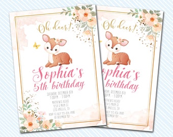 Digital Deer birthday invitation. Oh deer birthday invite. Bambi birthday invitation