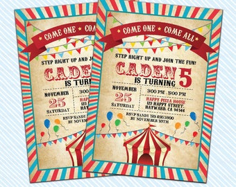 Digital Carnival invitation. Circus Birthday Invitation. Girl Birthday Boy Birthday Party. vintage carnival invite
