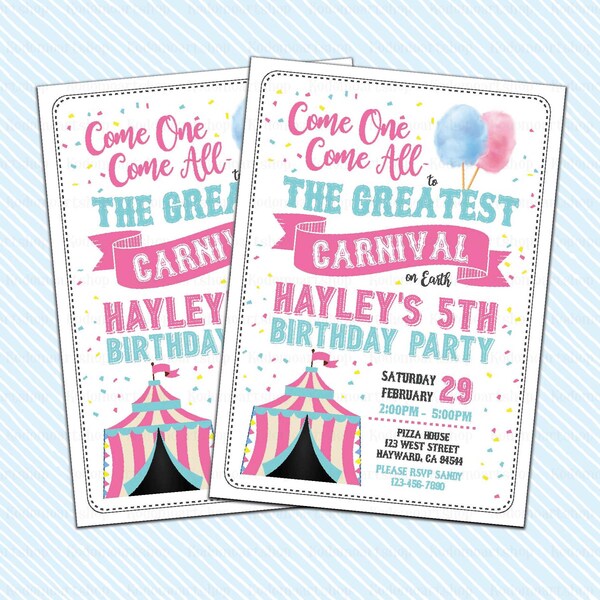 Digital Carnival invitation. Circus Birthday Invitation. Girl Birthday Boy Birthday Party. vintage carnival invite. Girl Carnival