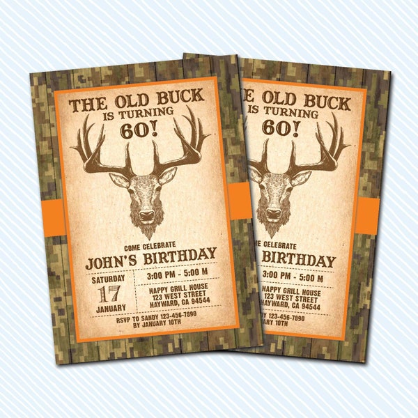 Digital Rustic Deer Birthday Invitation. Old Buck birthday invite. Any Age. camo birthday invite. 30th 50th 70th birthday. adult party