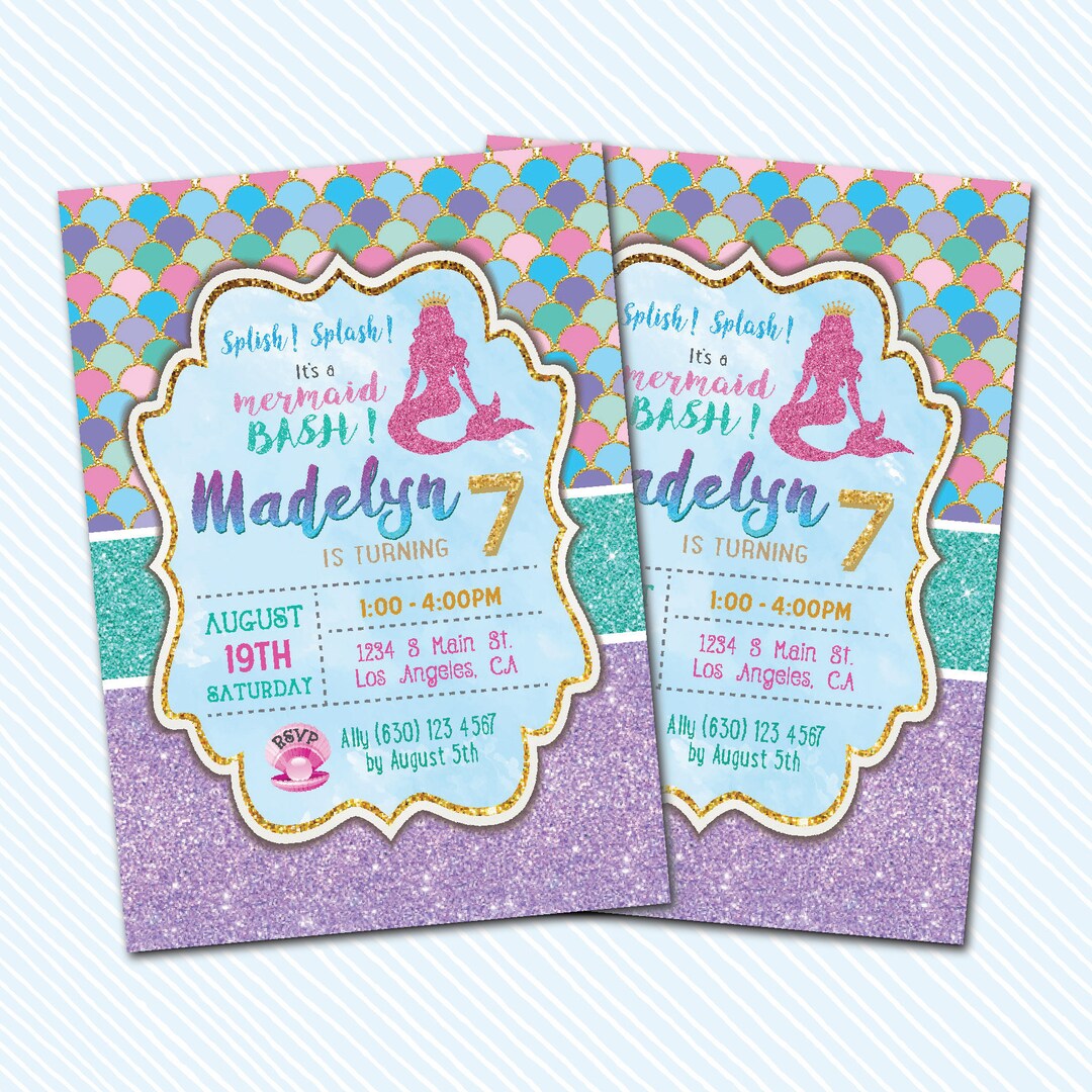Digital Printable Mermaid Birthday Invitation. Girl Birthday. - Etsy