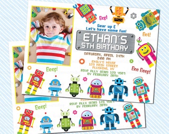 Digital Printable Robot Birthday Invitation. Robot Party invitation. Girl invitation. Boy birthday