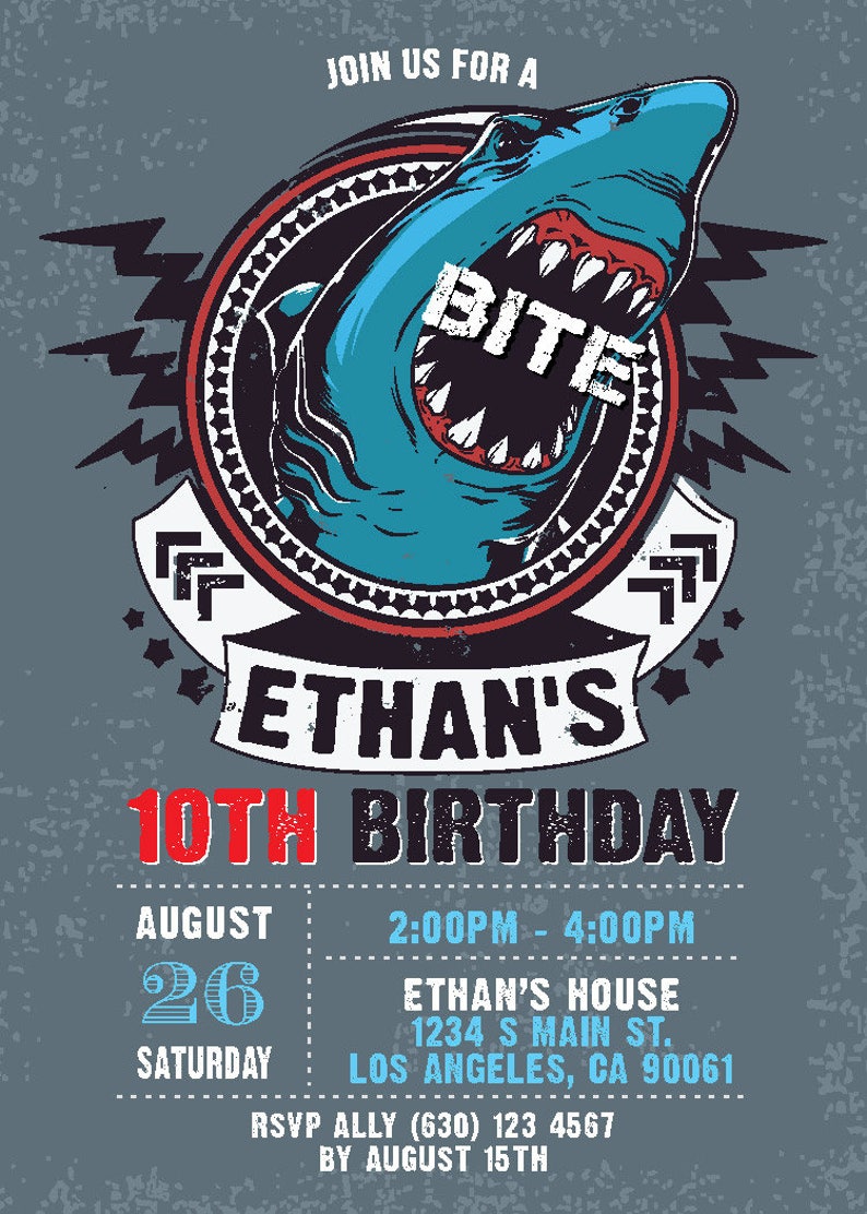 Boy Birthday Party Digital Printable Shark Birthday Invitation