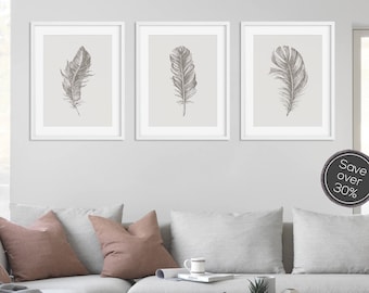 Feather Print Set, Set of 3 Prints, Feather Prints, Grey Prints, Feather Wall Art, Wall Art Prints, Botanical Prints, Wall Art Set, Prints