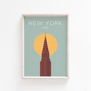 May include: A minimalist poster with a blue background and a yellow sun behind a brown skyscraper. The text "NEW YORK USA" is at the top of the poster.