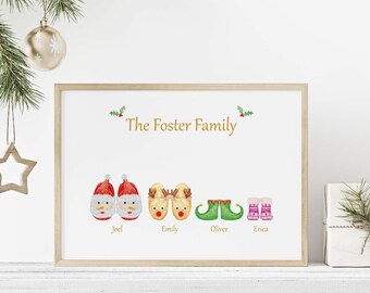 May include: A framed print featuring the text "The Foster Family" and illustrations of Christmas-themed footwear. The footwear includes Santa boots, reindeer slippers, elf shoes, and pink boots.