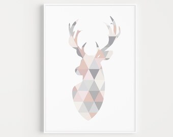 Stag Wall Art, Geometric Wall Art, Pink, Grey, Stag Print, Wall Art Print, Nordic Print, Scandinavian Print, Wall Art, Geometric, Prints