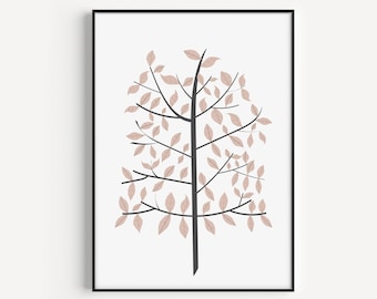 May include: A minimalist art print featuring a stylized tree with a black trunk and branches and blush pink leaves.