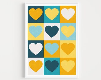 Wall Art Print, Heart Wall Art, Minimalist Wall Art, Heart Print, Art Print, Yellow Wall Art, Blue Print, Love Print, Scandinavian, Wall Art