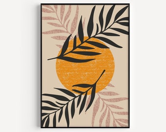 May include: Abstract art print featuring a stylized orange sun with black palm leaves on a beige background.