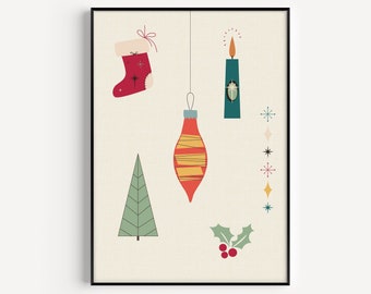 May include: A mid-century modern Christmas illustration featuring a red stocking, a green candle, a red and yellow ornament, a green Christmas tree, and a holly sprig with red berries.