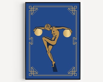 Art Deco Wall Art, Art Deco Print, Art Deco Blue, Wall Art Print, Woman Print, Blue Gold Print, Art Deco, Prints, Blue Wall Art, Deco Woman