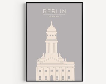 May include: A minimalist illustration of a building in Berlin, Germany. The building is white with a gray background. The text "BERLIN" and "GERMANY" is printed in white at the top of the image.
