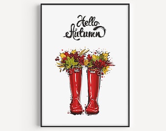 Wellies Print, Wellies Art, Autumn Prints, Autumn Art, Minimalist Print, Hello Autumn Print, Modern Poster, Modern Art, Wall Art Print